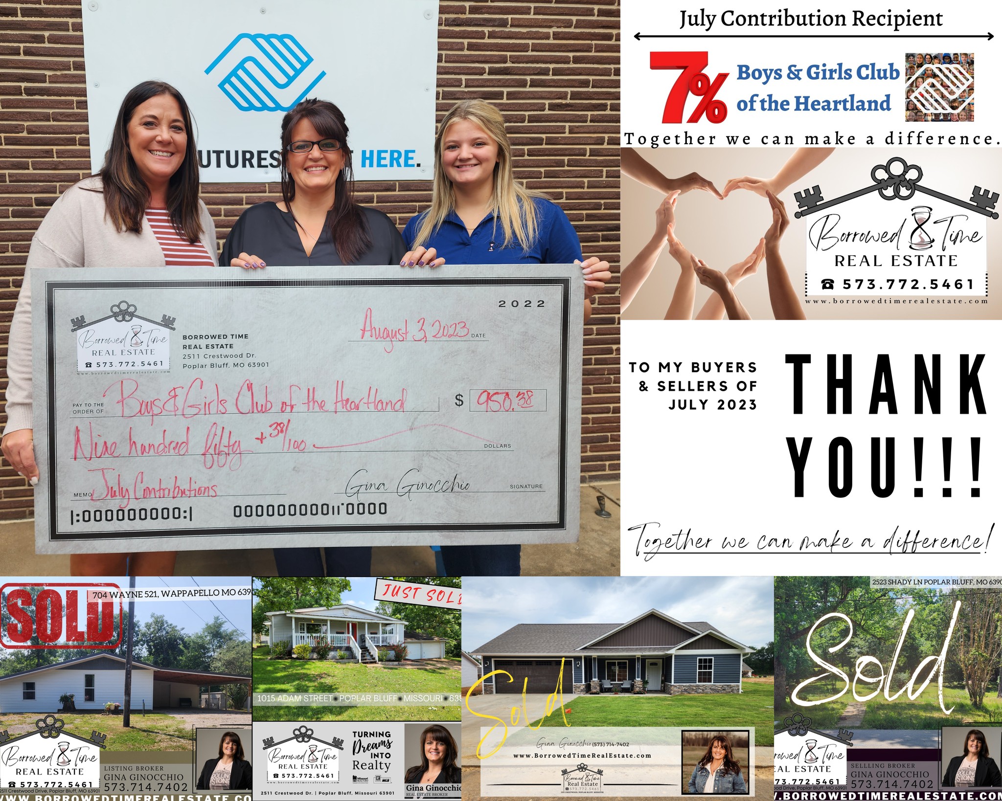 Gina Ginocchio and Hope Hunter presenting July's community contribution check to Terri Macke McCormick on behalf of the Boys & Girls Club of the Heartland.