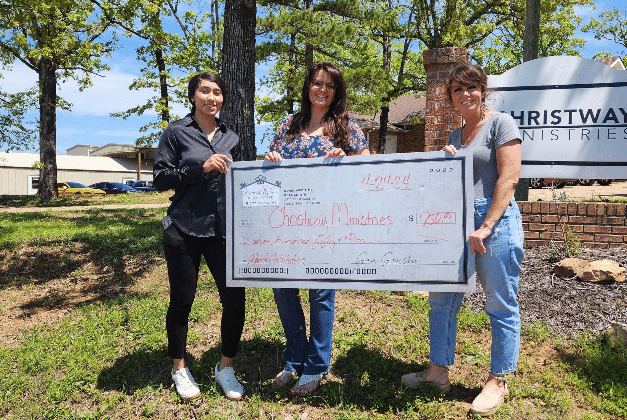 Borrowed Time Real Estate presents a donation check to Christway Ministries Women’s Center in Poplar Bluff, Missouri.