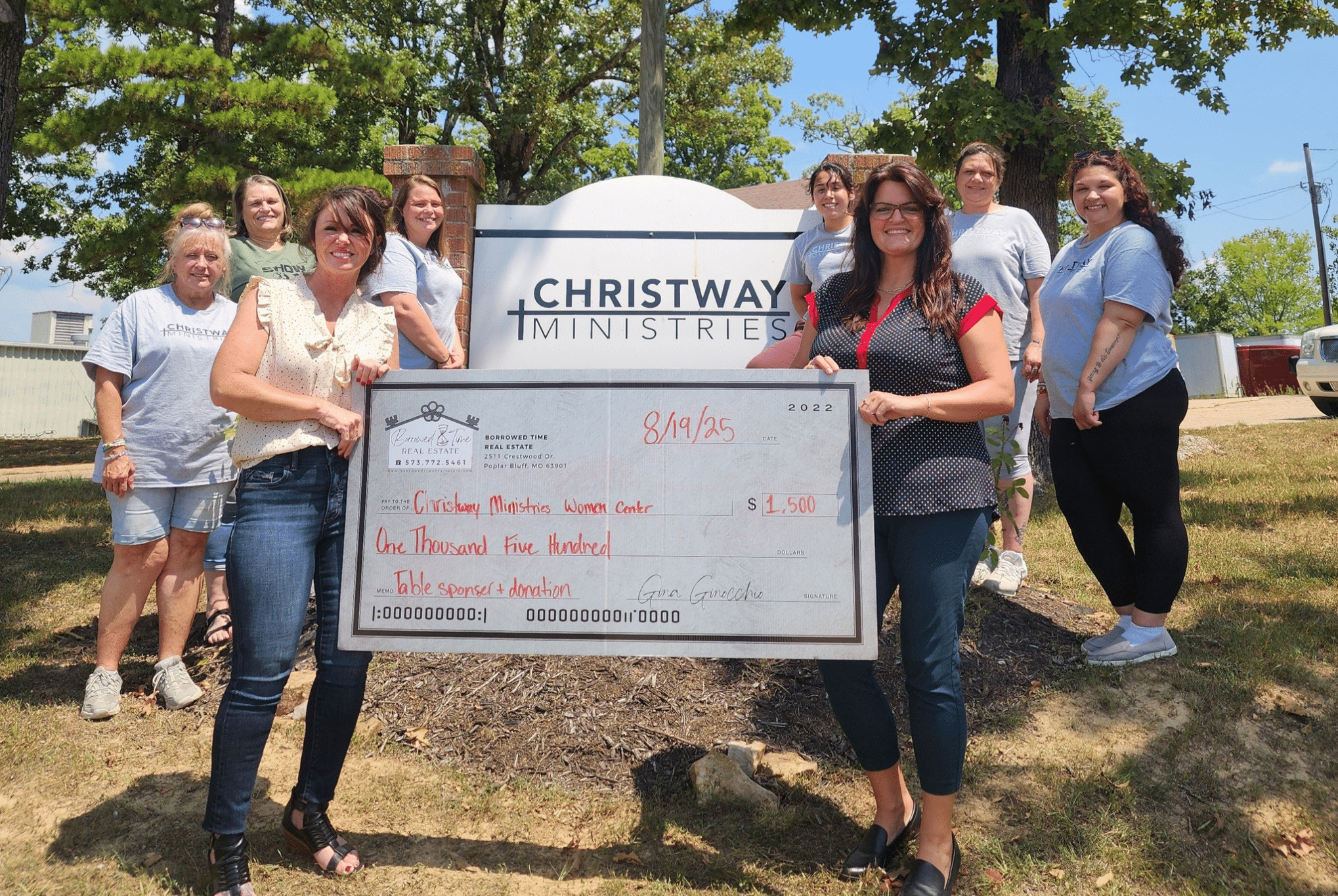 Borrowed Time Real Estate presents a donation check supporting Christway Ministries Women’s Center recovery program in Poplar Bluff, Missouri.