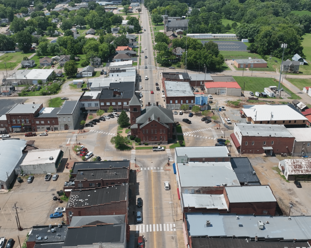 Aerial view of Fredericktown Missouri showing downtown streets buildings and Madison County courthouse