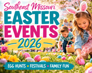 Children participating in a colorful Easter egg hunt at a spring festival during Southeast Missouri Easter Events 2026 featuring family activities and community celebrations near Poplar Bluff.