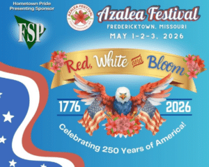 Fredericktown Azalea Festival 2026 Red White and Bloom theme promotional banner Fredericktown Missouri May 1 2 3